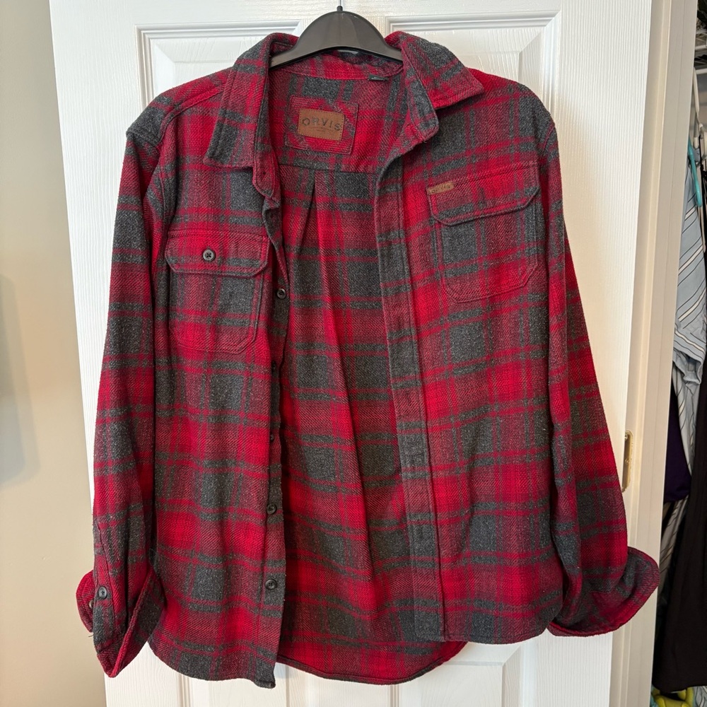 Orvis Red and Gray Plaid Button Down Shirt